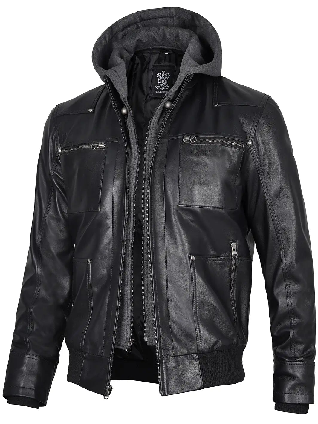 hooded leather jacket for mens