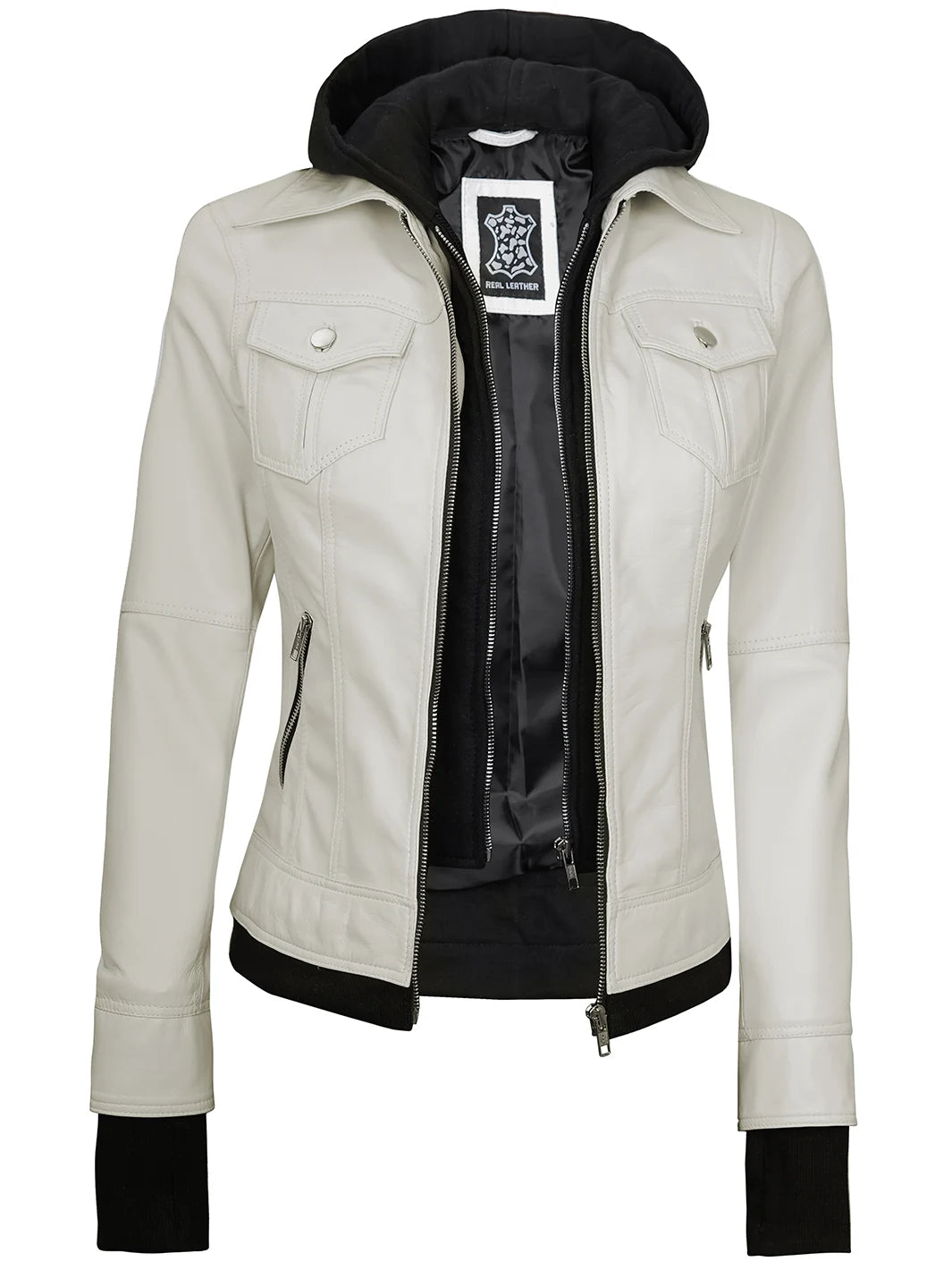 Hooded leather jacket for women