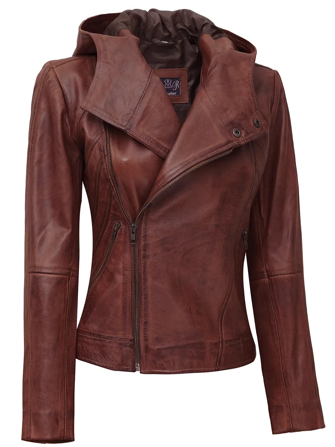 Hooded leather jacket for womens