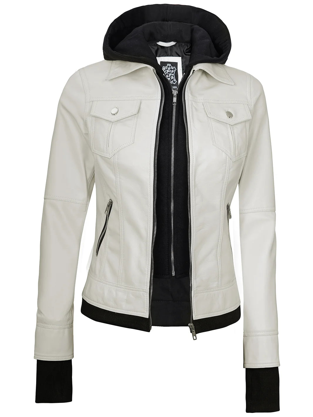 Hooded leather jacket off white
