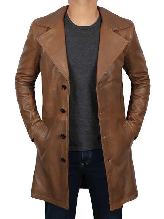 3/4 Length Brown Leather Car Coat