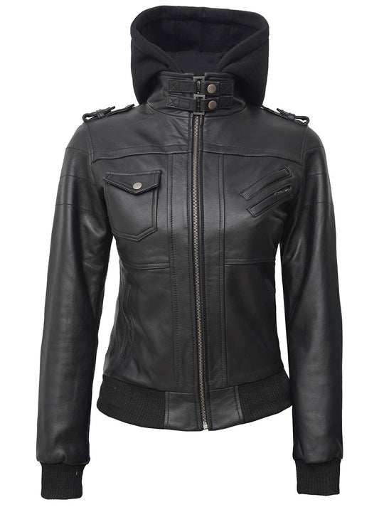 Womens Leather Bomber Jacket With Hood