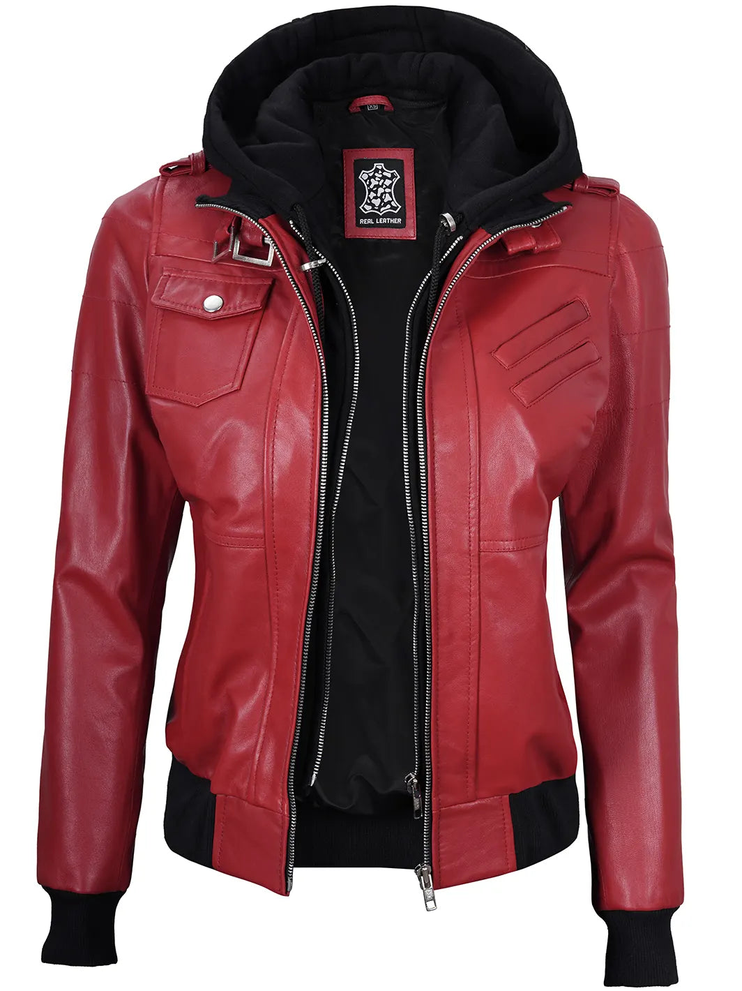 Womens Red Bomber Leather Jacket with Hood Decrum
