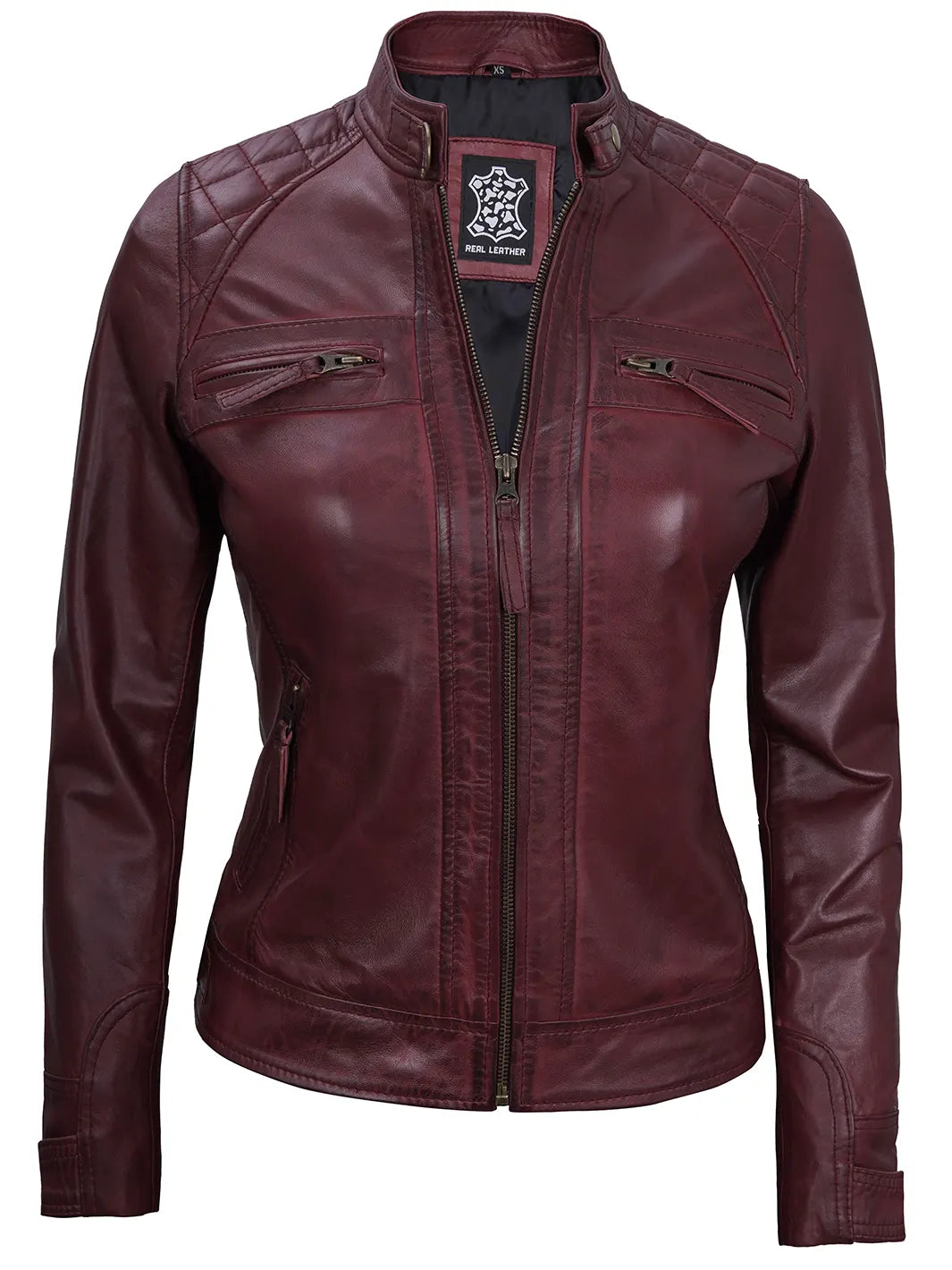 Maroon cafe racer real leather jacket for women