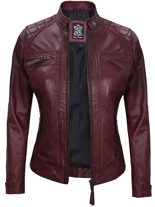 Maroon cafe racer real leather jacket