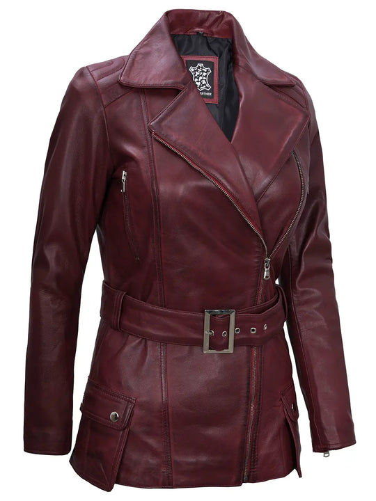 Maroon leather jacket for women