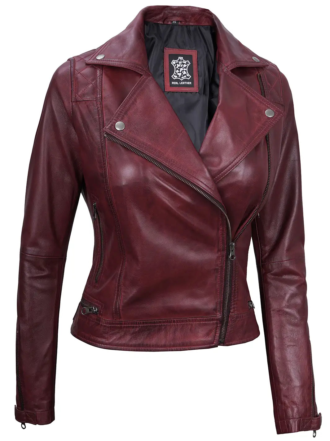 Maroon moto leather jacket for womens