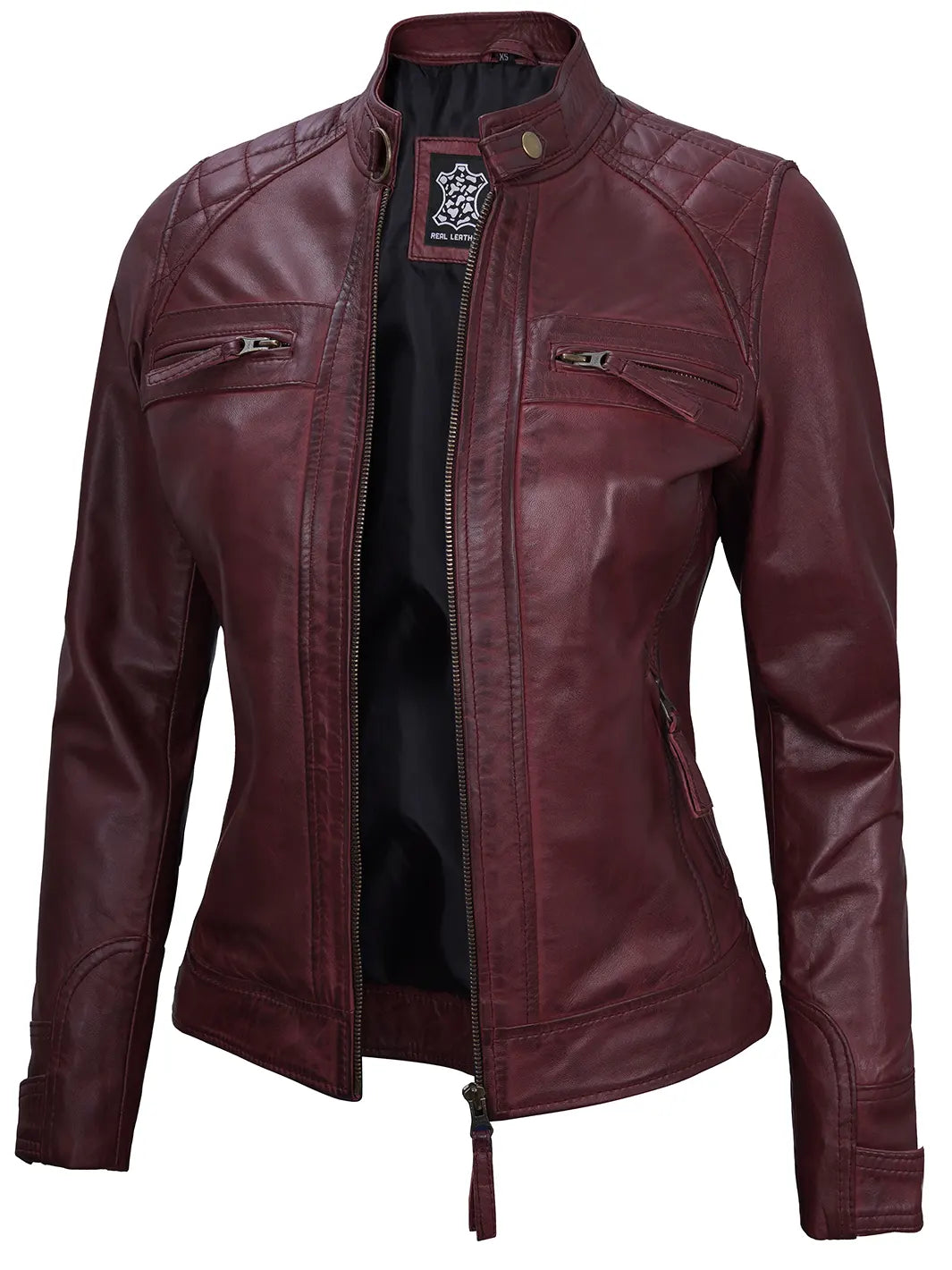 Maroon real leather jacket women