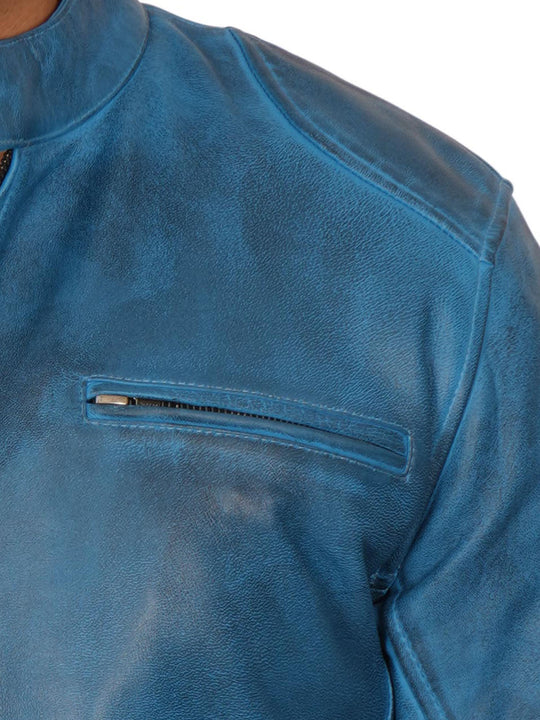 Dodge Men's Cafe Racer Sky Blue Leather Jacket