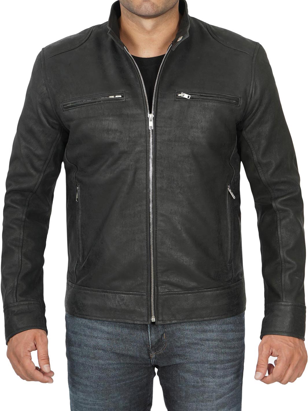Dodge Men's Black Cafe Racer Snuff Leather Jacket