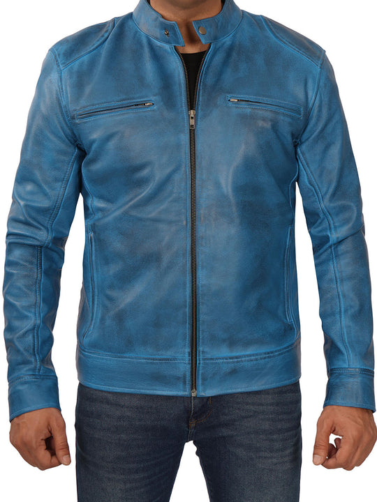 Mens Blue Biker Leather Jacket