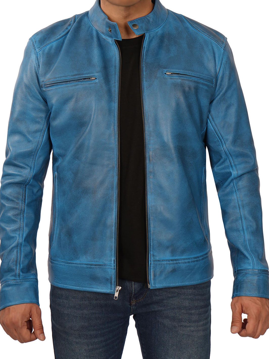 Mens Blue Real Lambskin Leather jacket