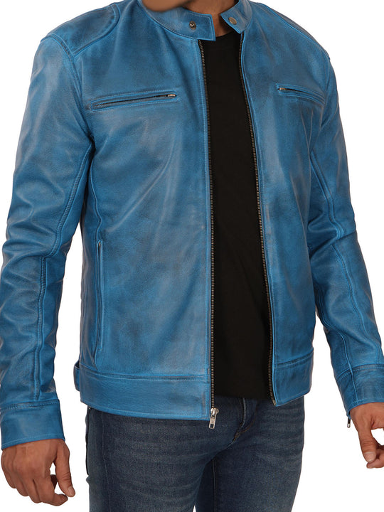 Mens Blue Real Leather Jacket