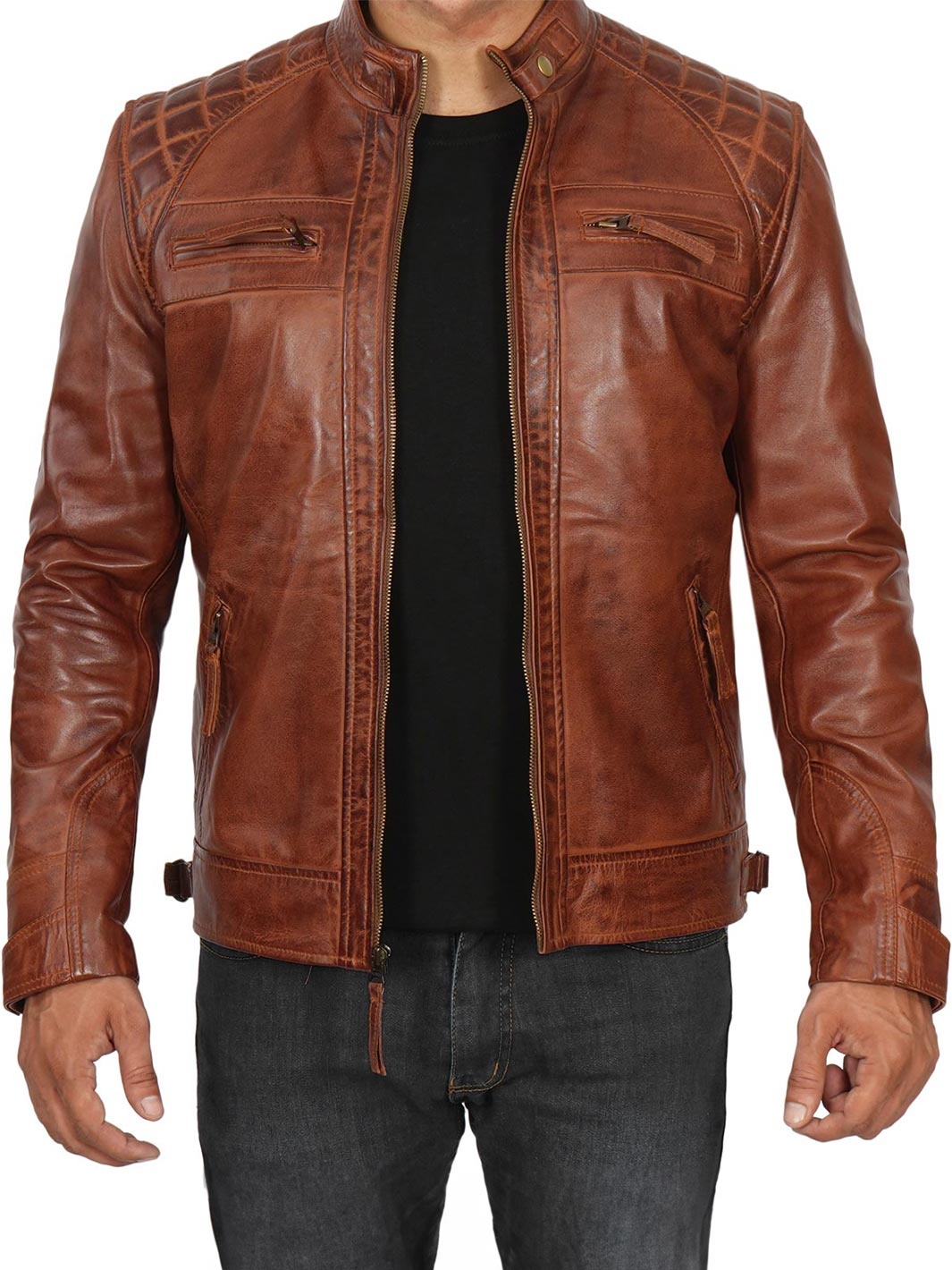 Mens Cafe Racer Quilted Brown Leather Jacket - Decrum