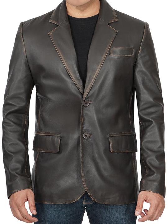Mens Brown Rub Off Leather Blazer Jacket