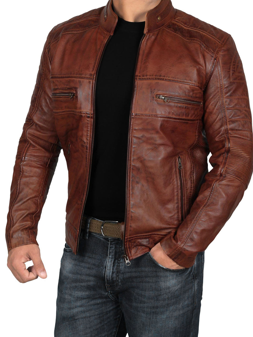 Men Brown Quilted Cafe Racer Leather Jacket | Classic Style – Decrum