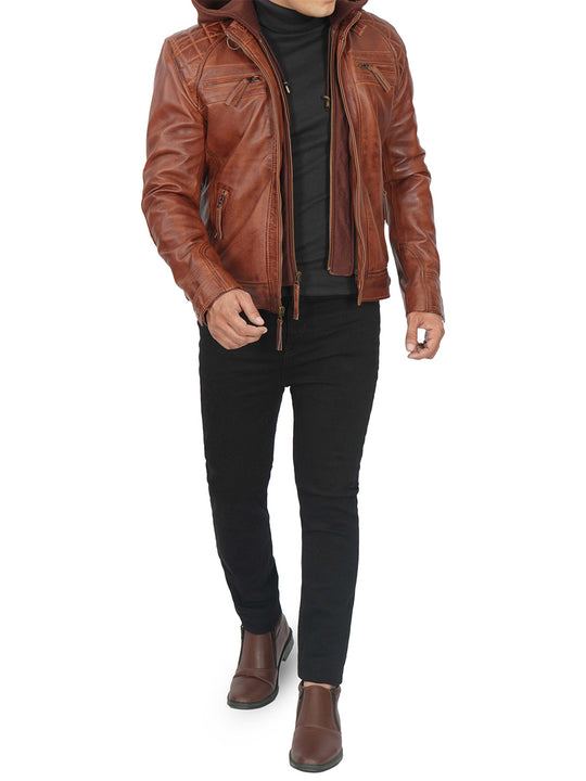 Mens Leather jacket with hood