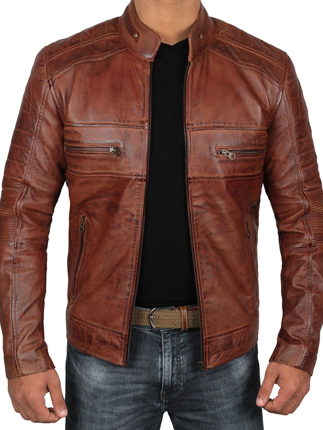 Men Brown Quilted Cafe Racer Leather Jacket | Classic Style – Decrum