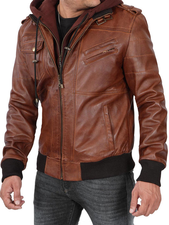 Mens Brown leather jacket with hood