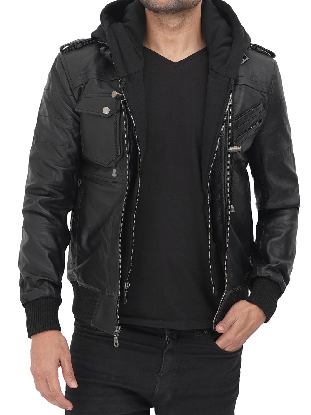 Hooded Leather jacket for men