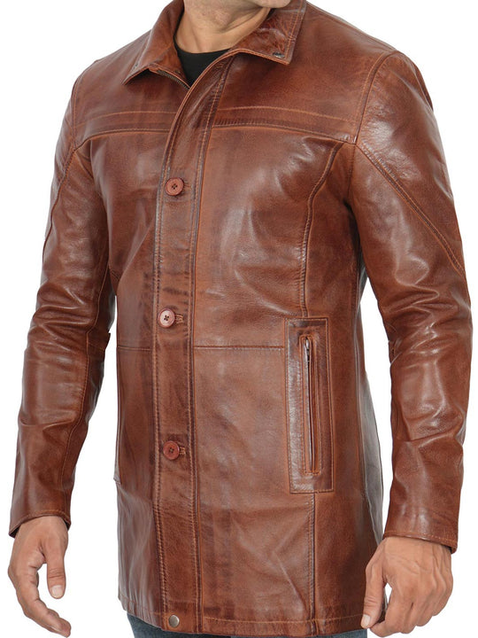 Bristol Cognac Leather Coat For Men