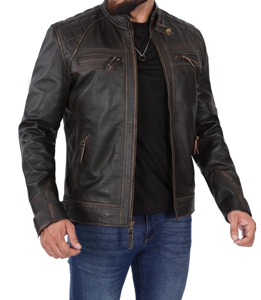 Mens Real lambskin brown leather jacket