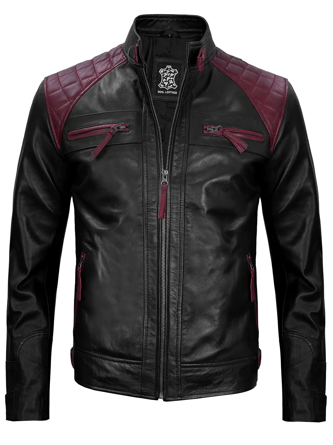 Mens black and maroon cafe racer leather jacket
