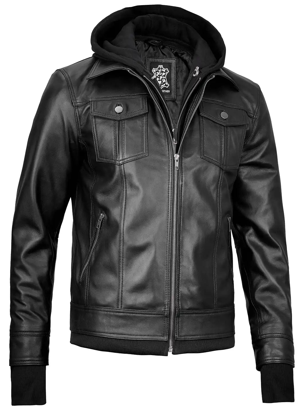 Mens black hooded leather jacket
