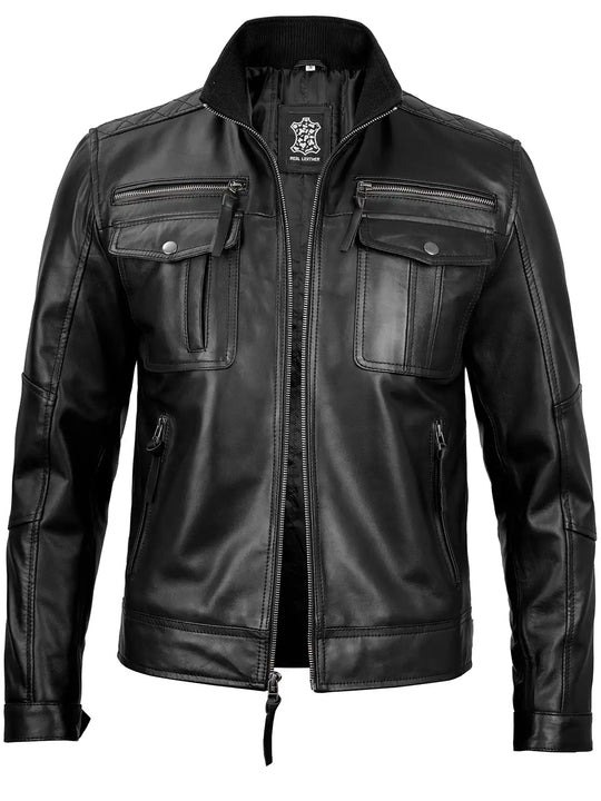 Mens black leather biker jacket
