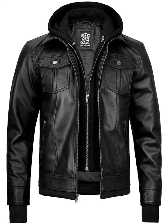 Mens black leather jacket with hood