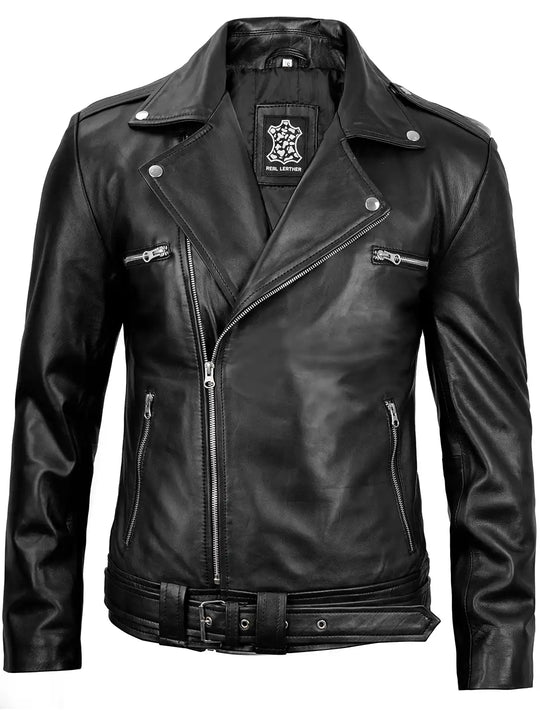 Mens black leather moto jacket