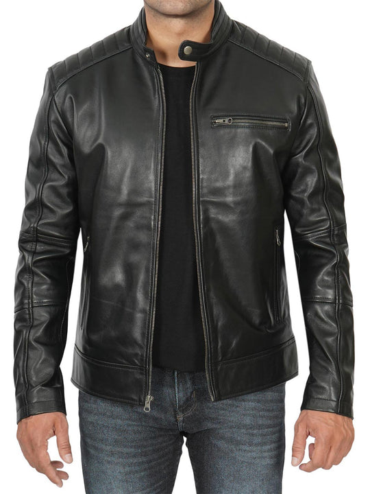 Everhart Men's Black Cafe Racer Leather Jacket | Moto Style – Decrum