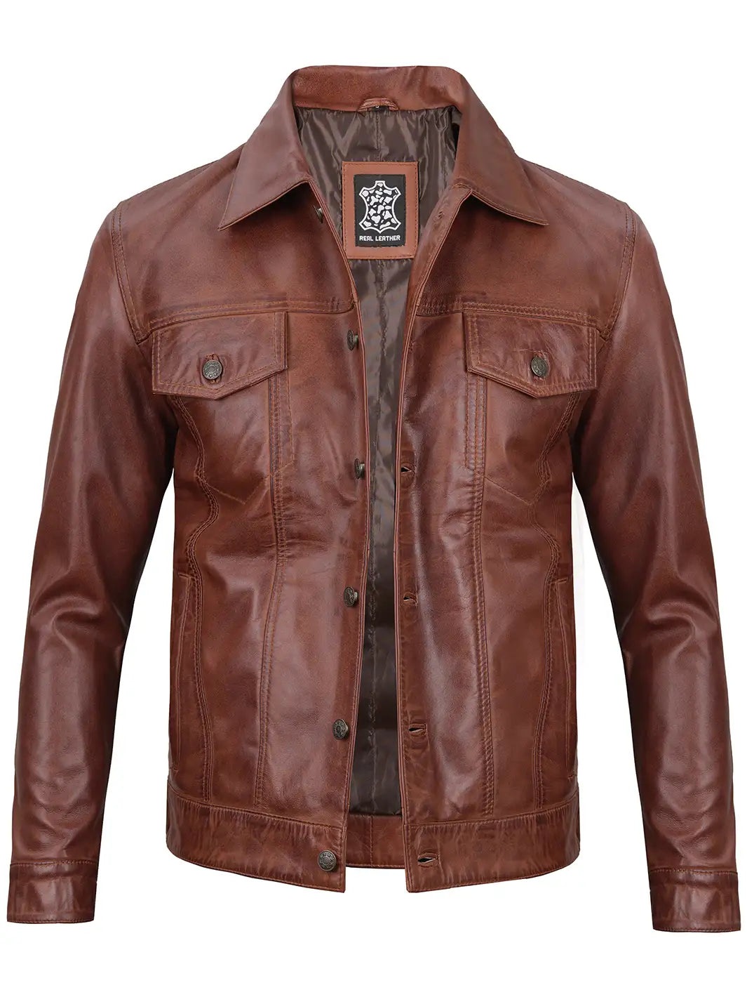 Mens cognac leather trucker jacket
