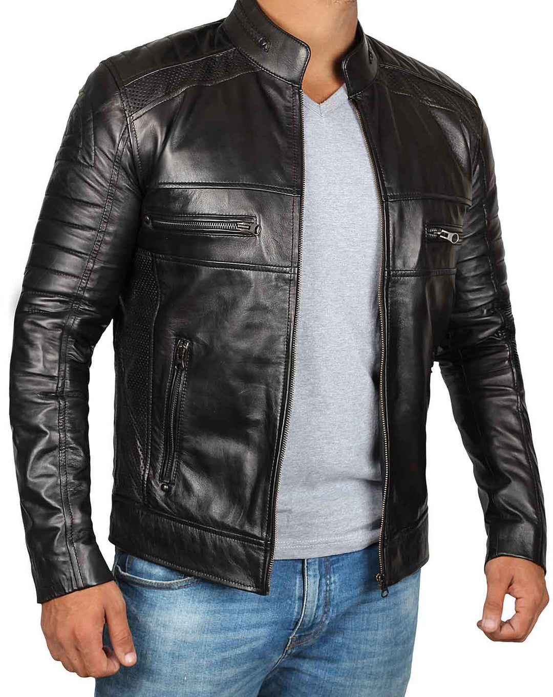 Austin Mens Black Cafe Racer Style Leather Jacket