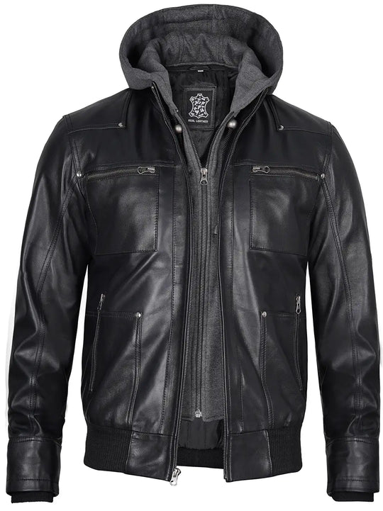 mens leather jacket hooded