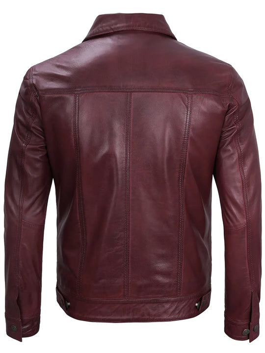 Mens maroon leather trucker jacket