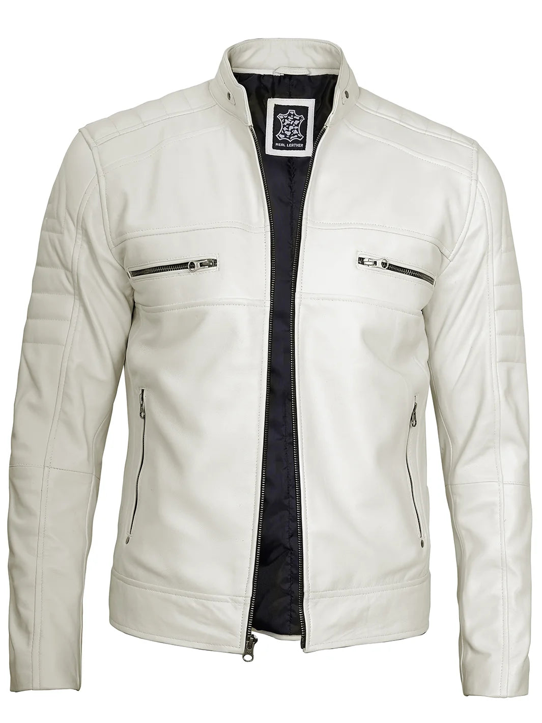 Mens Off White Cafe Racer Leather Jacket