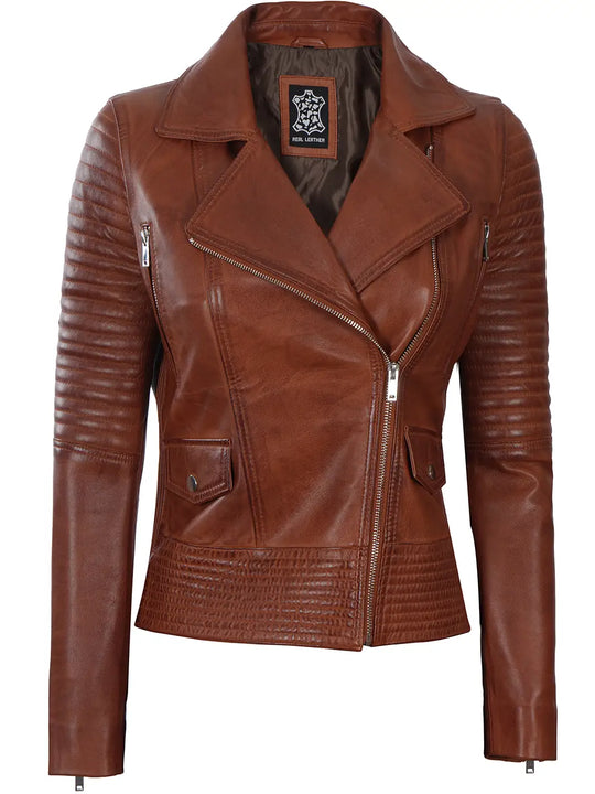 Gal gadot Womens Asymmetrical Cognac Motorcycle Jacket