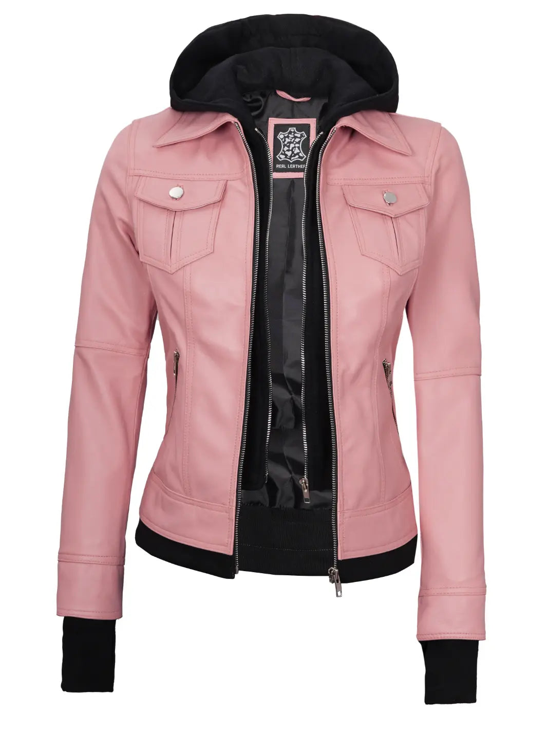 Women pink Hooded leather jacket