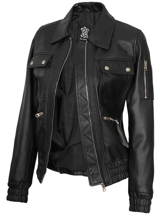 womens fitted black bomber jacket
