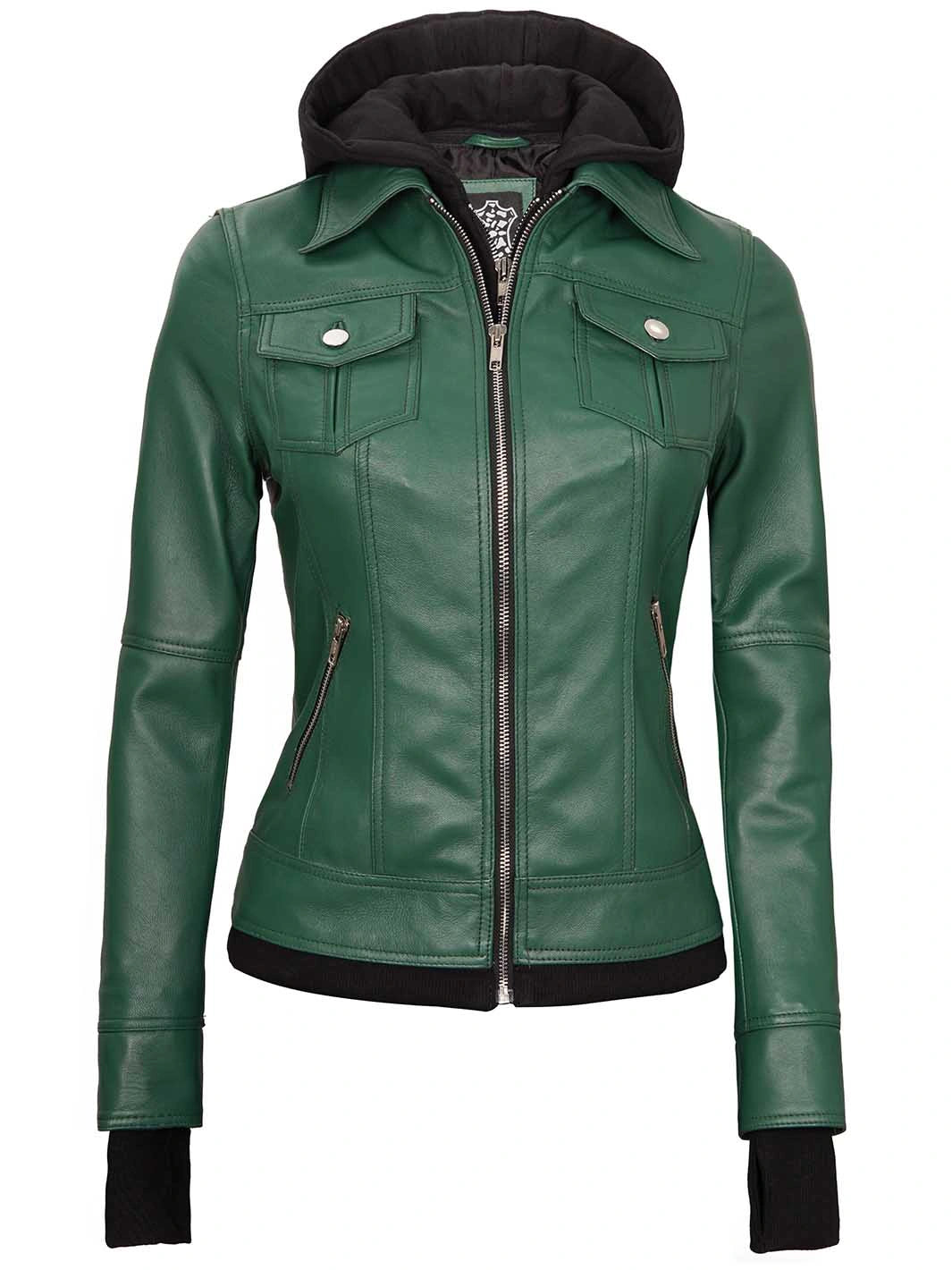 Green leather jacket with hood