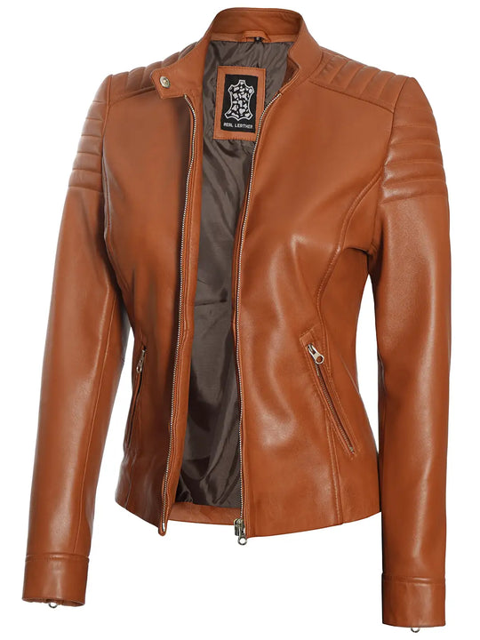 Tan women real leather jacket