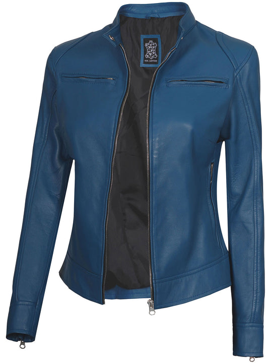 Dodge Veste de moto en cuir bleu Cafe Racer pour femme