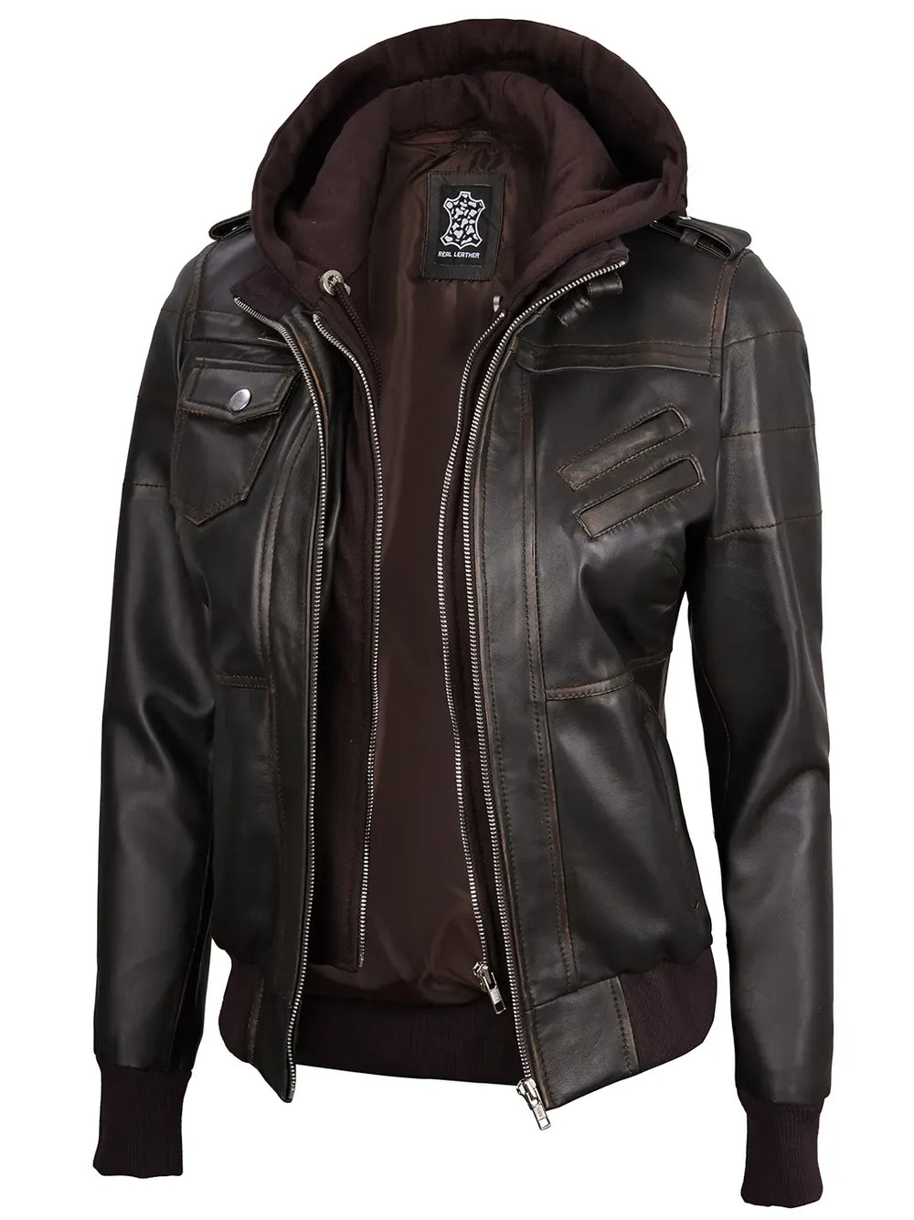 Brown leather jacket with hood shop