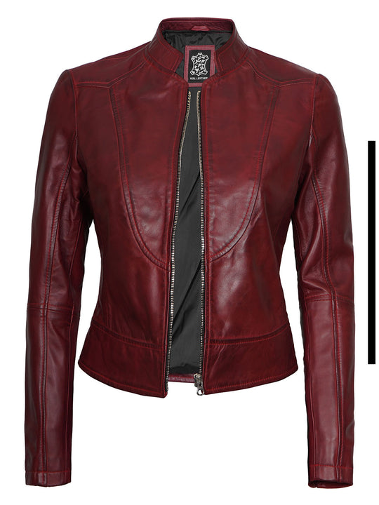 Womens Maroon Biker Cafe Racer Leather Jacket