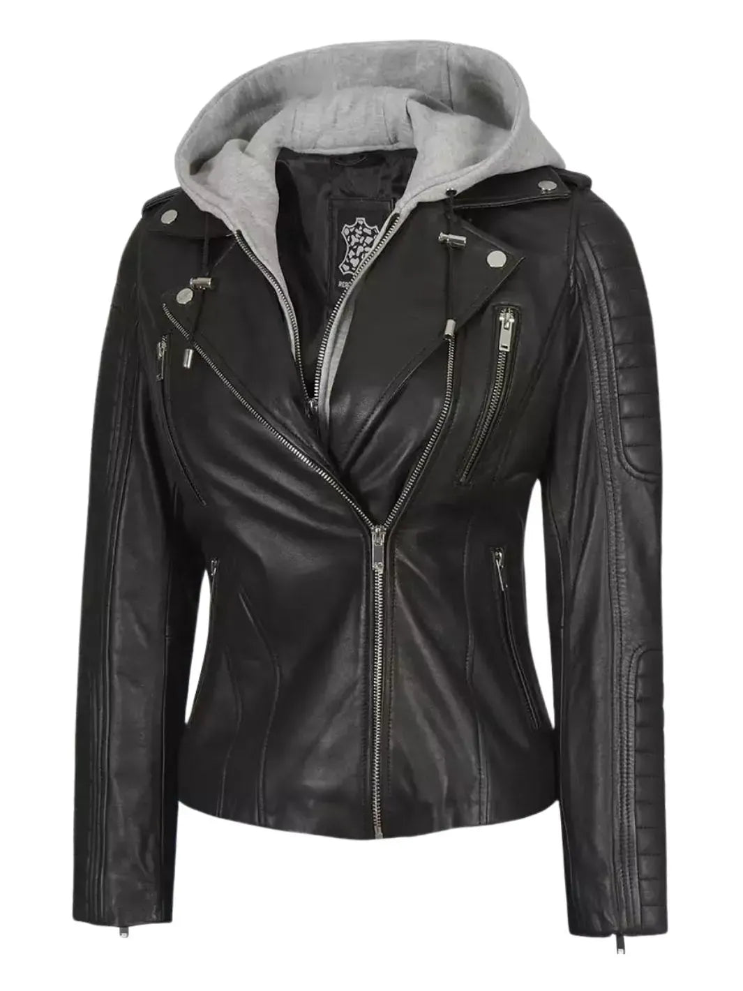 Womens Black Leather Biker Jacket With Removable Hood Decrum