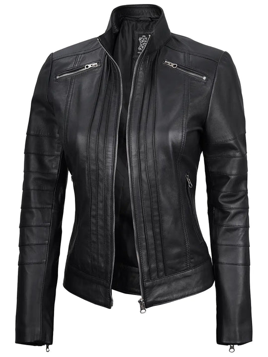 Women black cafe racer real leather jacket