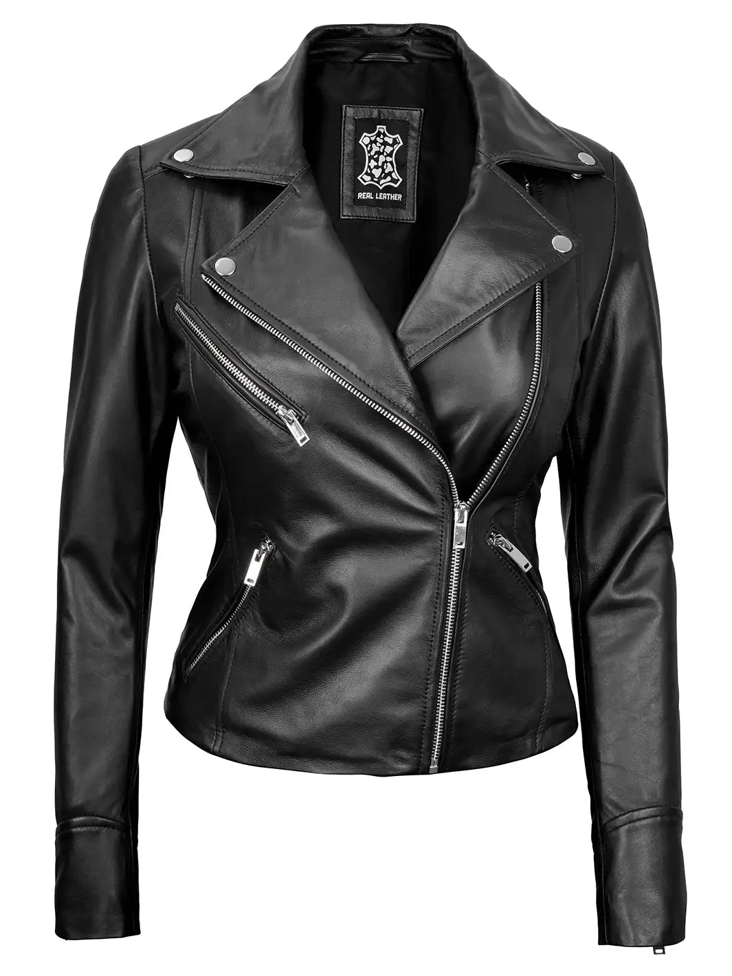 Women black leather bikers jacket