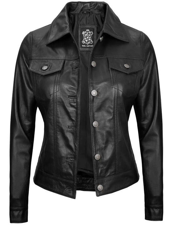 Women black leather trucker jacket