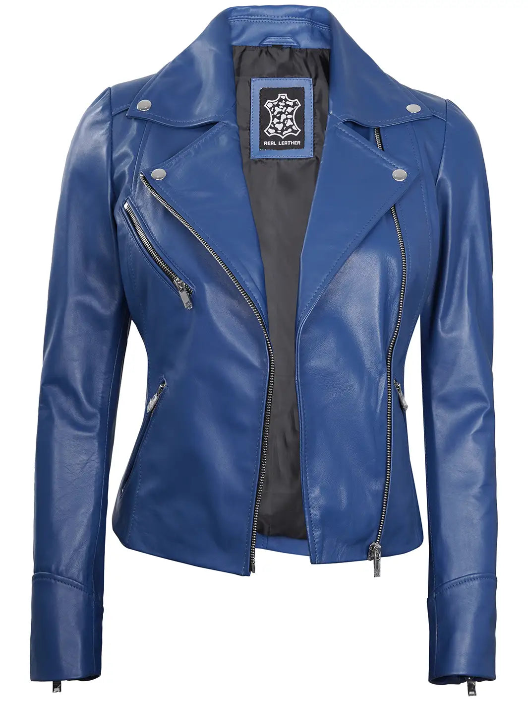 Women blue leather moto jacket